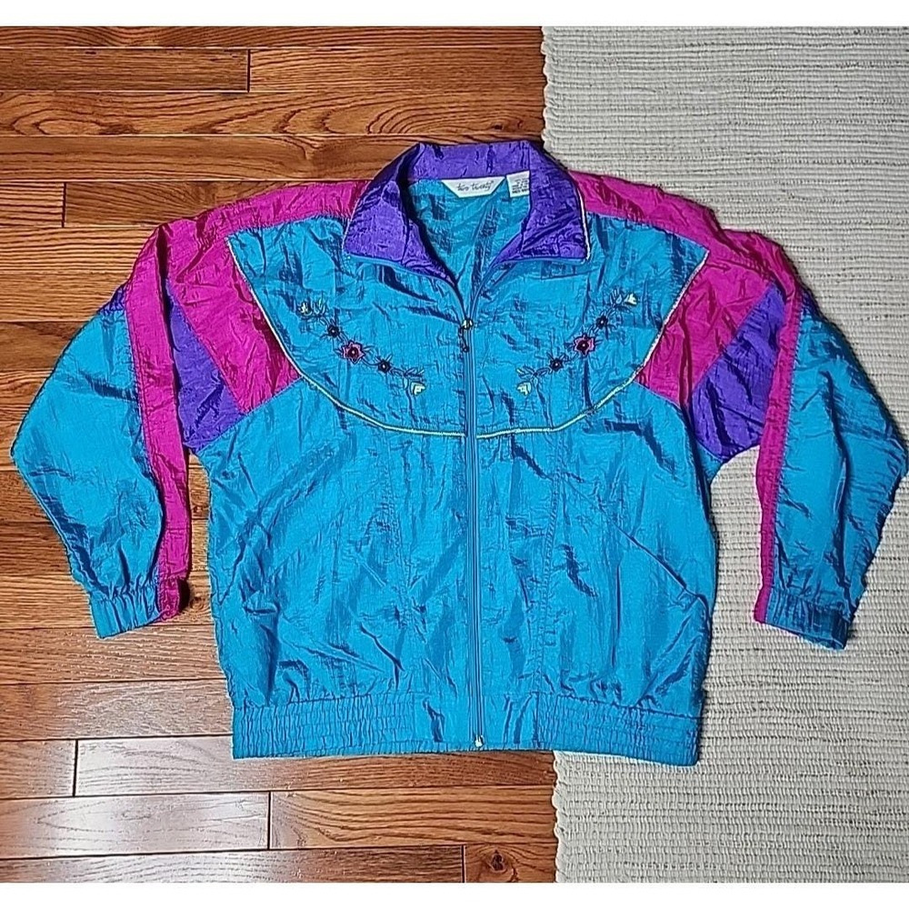 Vintage 80s Windbreaker Jacket Floral Embroidery Colorful Full Zip Two Twenty M